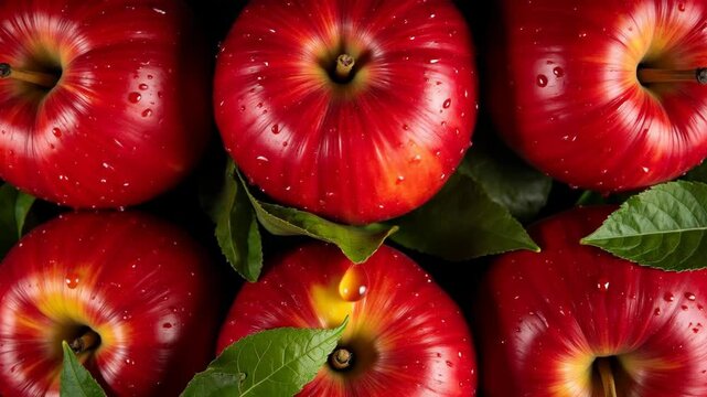 Red apples with leaves, closeup with top view, Red apple patterns, Top view of bright ripe fragrant red apples with water drops as background 
