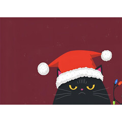 Soft Pastel Annoyed Black Cat in Cozy Santa Hat &ndash; Cute Christmas Cartoon Illustration