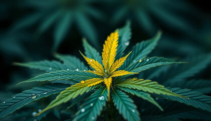 Cannabis leaves with golden accents. Close-up of cannabis. Vegetal texture