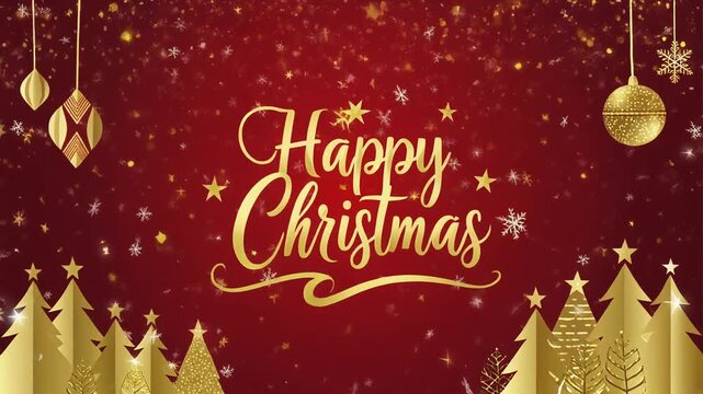 Fondo navide&ntilde;o elegante en rojo y dorado con tipograf&iacute;a de Merry Christmas y New Year, paisaje invernal, &aacute;rboles, nieve y brillos dorados, ideal para tarjetas, banners y celebraciones festivas.