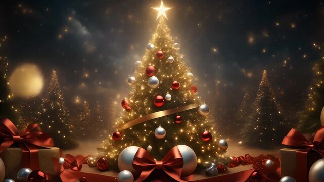 hiperrealista y espectacular de una escena navide&ntilde;a m&aacute;gica. Un gran &aacute;rbol de Navidad decorado con luces doradas, esferas rojas y plateadas, cintas brillantes y una estrella luminosa en la cima.