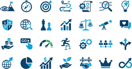 This comprehensive set of strategic business and planning icons visualizes corporate goals and successful execution.
