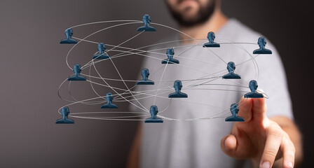 Abstract network illustration with person reaching for concept of connection and digital communication. Represents networking, teamwork and glob