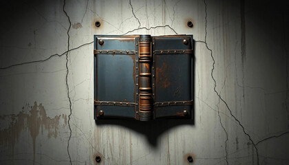 Rusty metal book sits on a cracked concrete surface. Fantasy steampunk