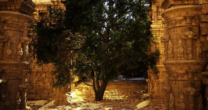 Ruins of an ancient temple display intricate carvings, with a sturdy tree growing at the center. Sunlight streams through the stone structures, showcasing natures resilience and beauty.