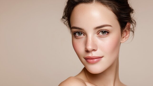 A close-up shot of a woman with flawless skin, styled hair, and a soft, natural makeup look. The background is a soft beige color