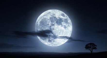 A breathtaking full moon illuminates the tranquil night sky, casting a mystical glow over a serene landscape with a solitary tree and soft, wispy clouds