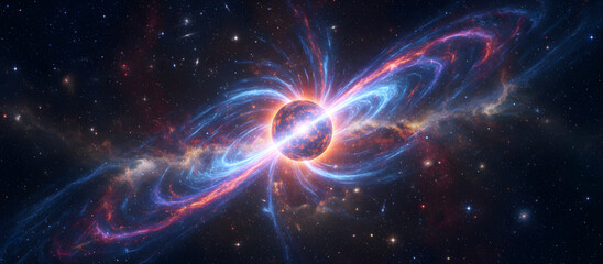 Obraz premium Neutron star pulsar sending powerful electromagnetic waves through space