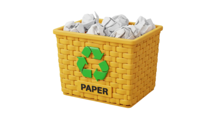 Yellow recycling bin filled with crumpled paper green eco symbol waste management solution sustainable living office