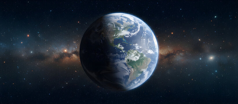 Earth planet rotating in black spacescape with milky way