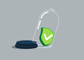 Green shield check mark inside the glass try to push so hard to break boundary. Business constraints or stagnant, prohibition or difficulty prevent from improvement or success.