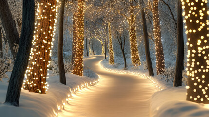 Magical forest pathway with snow covered ground, illuminated by soft warm Christmas lights wrapped around tree trunks, creating serene winter wonderland atmosphere