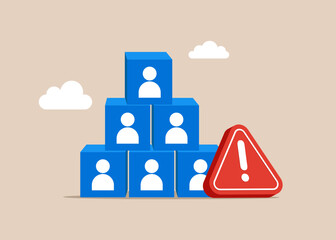 Cubes block on top pyramid with exclamation attention sign. Bad management and recruitment business. Business communication breakdown. Flat vector illustration