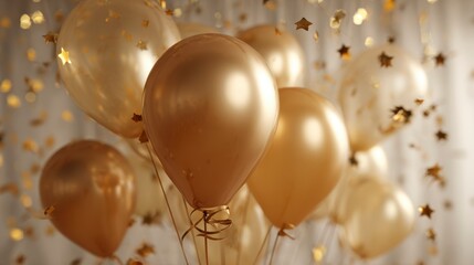 A close-up shot of gold balloons, some translucent, with falling gold star confetti, against a softly lit backdrop