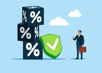 Cube with percentage symbol with green shield check mark. Good interest, financial and mortgage rates. Flat vector illustration