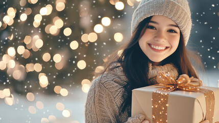 Smiling woman wearing knitted sweater and beanie holds wrapped gift with golden ribbon, standing outdoors with festive lights and snow, creating joyful winter holiday mood