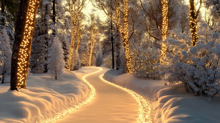 Magical forest pathway with glowing Christmas lights, snow covered trees, golden illumination, serene winter landscape, peaceful evening, festive atmosphere, enchanting scene