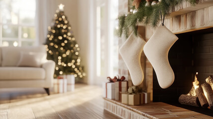 Warmly lit living room with cozy fireplace, hanging stockings, decorated Christmas tree, wrapped gifts, soft sunlight, and festive holiday atmosphere create joyful seasonal mood