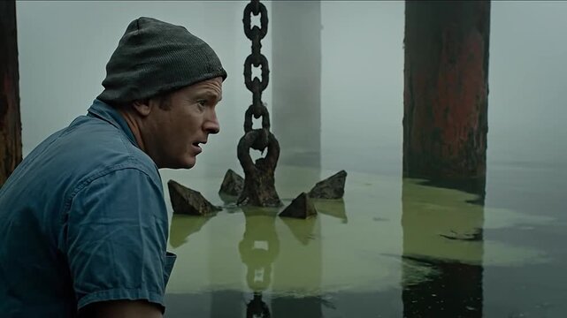 Man looking at rusty industrial chain anchor in polluted water on foggy pier day atmospheric mystery