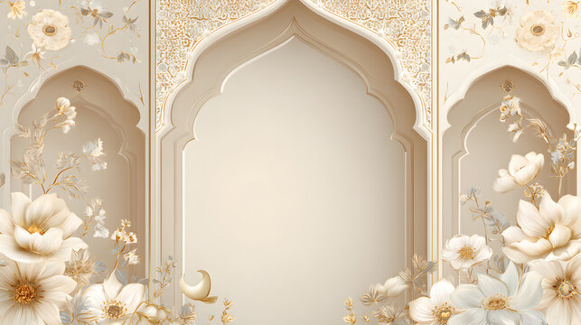 Islamic wedding greeting frame with elegant arches, floral patterns, soft pastel colors, crescent moon detail, traditional nikah card border.