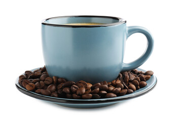 Aromatic coffee in cup and beans on white background