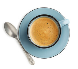Aromatic coffee in cup on white background, top view