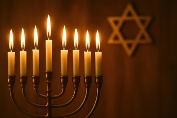 A lit menorah with seven candles on each side