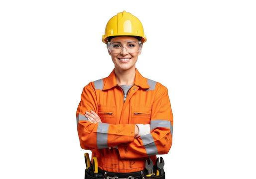 Confident female construction worker isolated on transparent background