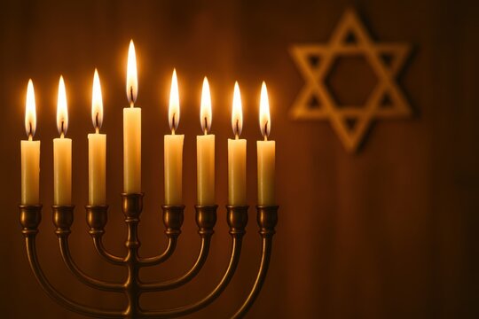 A lit menorah with seven candles on each side