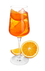 Glass of refreshing spritzer cocktail and orange slices isolated on white
