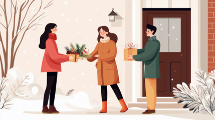 Neighbors exchanging festive gifts outdoors in winter cheerful atmosphere snow on ground cozy clothing holiday spirit decorated packages friendly interaction seasonal plants