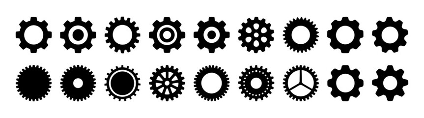 Gear icon set. Black gear wheel and cogwheel icons collection. Industrial mechanical gears and machinery parts vector illustration isolated on transparent background