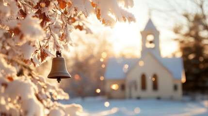 Snow covered church with bell ringing joyfully, winter landscape, golden sunlight, peaceful atmosphere, frosty tree branches, serene rural scene