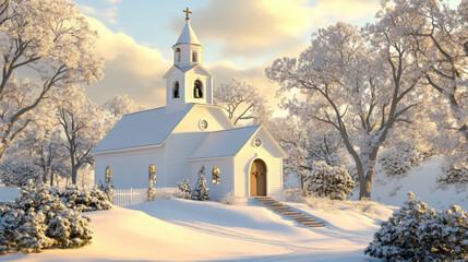 Snow covered church with bell ringing joyfully, surrounded by frosty trees and soft sunlight, peaceful winter landscape, serene and inviting atmosphere