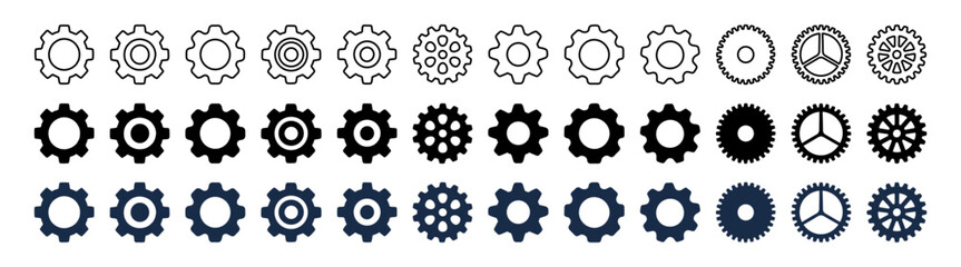 Gear icon set. Gear wheel and cogwheel icons collection. Industrial mechanical gears and machinery parts vector illustration isolated on transparent background