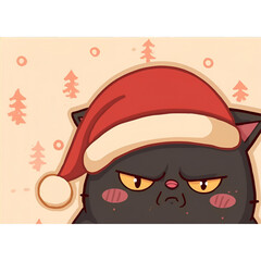 Soft Pastel Annoyed Black Cat in Cozy Santa Hat &ndash; Cute Christmas Cartoon Illustration