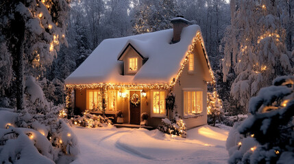 Snow covered cottage glowing warmly with lights surrounded by winter forest cozy atmosphere festive holiday scene evening peaceful inviting serene magical