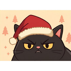 Cute Grumpy Black Cat in Red Santa Hat &ndash; Holiday Cartoon Illustration