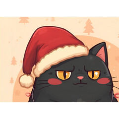 Soft Pastel Annoyed Black Cat in Cozy Santa Hat &ndash; Cute Christmas Cartoon Illustration
