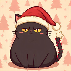 Cute Grumpy Black Cat in Red Santa Hat &ndash; Holiday Cartoon Illustration
