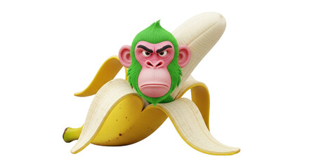 Vibrant angry green monkey character head emerging from a ripe yellow banana peel whimsical funny expressive 3D digital