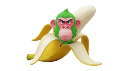 Vibrant angry green monkey character head emerging from a ripe yellow banana peel whimsical funny expressive 3D digital