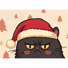 Cute Grumpy Black Cat in Red Santa Hat &ndash; Holiday Cartoon Illustration