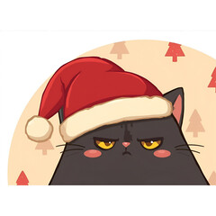 Soft Pastel Annoyed Black Cat in Cozy Santa Hat &ndash; Cute Christmas Cartoon Illustration