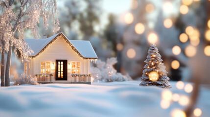 Snow covered cottage glowing warmly with lights, surrounded by frosted trees and decorated evergreen tree, creating cozy winter holiday atmosphere in tranquil forest setting