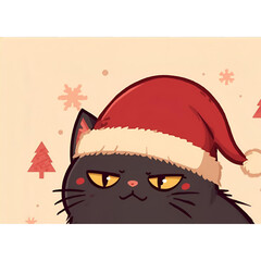 Soft Pastel Annoyed Black Cat in Cozy Santa Hat &ndash; Cute Christmas Cartoon Illustration