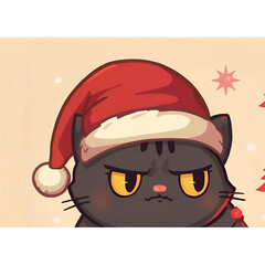 Cute Grumpy Black Cat in Red Santa Hat &ndash; Holiday Cartoon Illustration