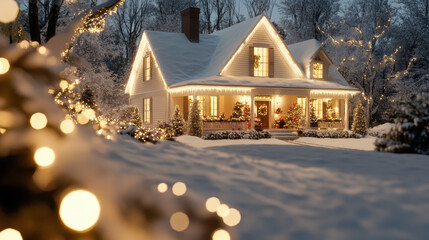Snow covered cottage glowing warmly with lights surrounded by winter trees festive decorations cozy atmosphere evening peaceful inviting holiday season