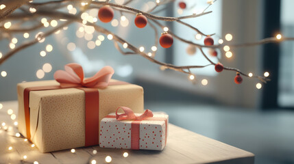 Gift box ribbon Christmas festive holiday sparkling light decoration table celebration create joyful atmosphere with wrapped presents and glowing lights wooden table perfect for winter gatherings