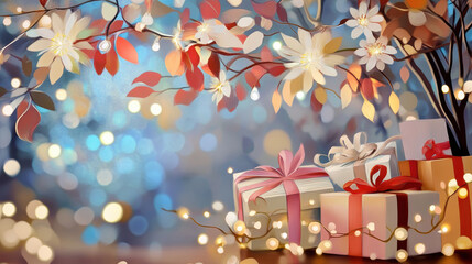 Gift box ribbon flower bokeh festive celebration sparkling decorative present holiday glowing background autumn elegant wrapping surprise cheerful ornament light seasonal party joyful luxury